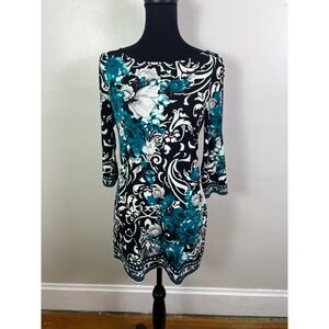 White House Black Market Floral Print Sheath Dress 3/4 Sleeve Black Teal S
